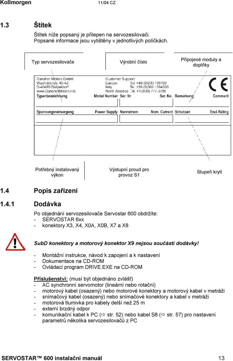 Popis zařízení 1.4.1 Dodávka Po objednání servozesilovače Servostar 600 obdržíte: - SERVOSTAR 6xx - konektory X3, X4, X0A, X0B, X7 a X8 SubD konektory a motorový konektor X9 nejsou součástí dodávky!