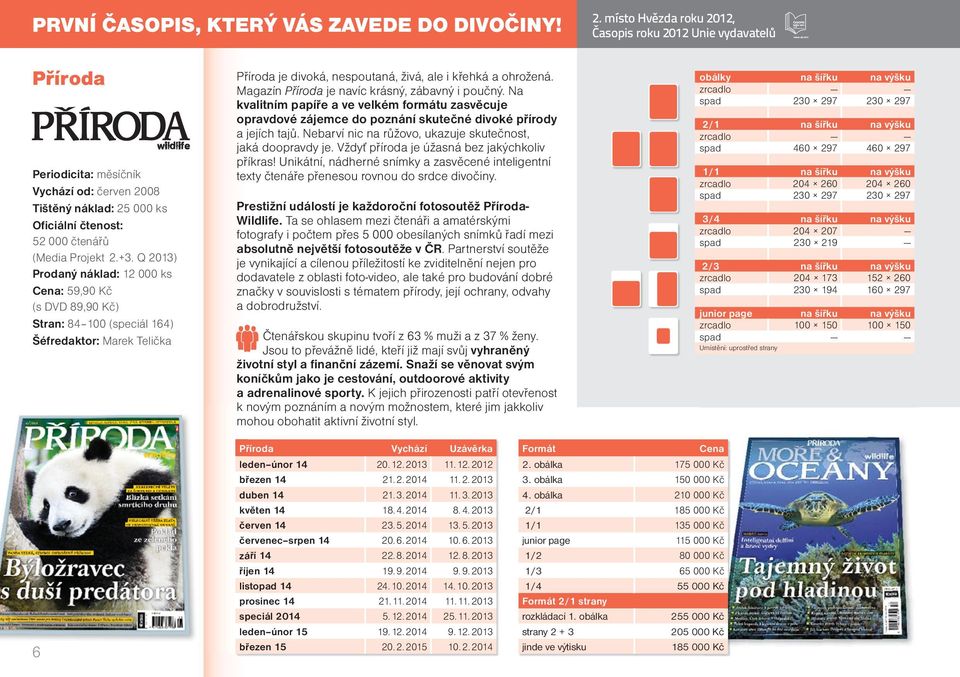 Q 2013) Prodaný náklad: 12 000 ks : 59,90 Kč (s DVD 89,90 Kč) Stran: 84 100 (speciál 164) Šéfredaktor: Marek Telička Příroda je divoká, nespoutaná, živá, ale i křehká a ohrožená.