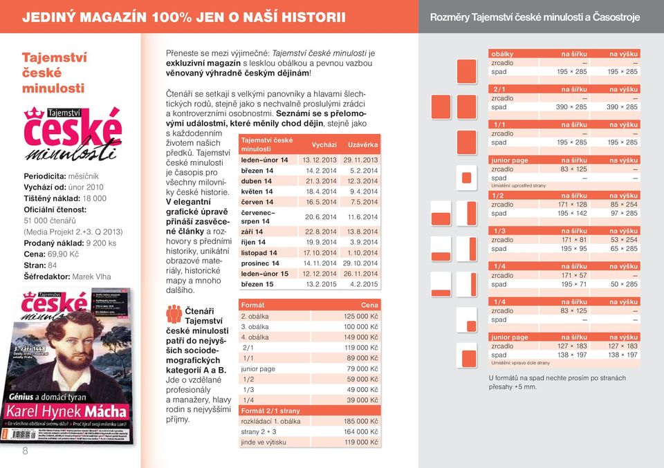 Q 2013) Prodaný náklad: 9 200 ks : 69,90 Kč Stran: 84 Šéfredaktor: Marek Vlha 8 Přeneste se mezi výjimečné: Tajemství české minulosti je exkluzivní magazín s lesklou obálkou a pevnou vazbou věnovaný