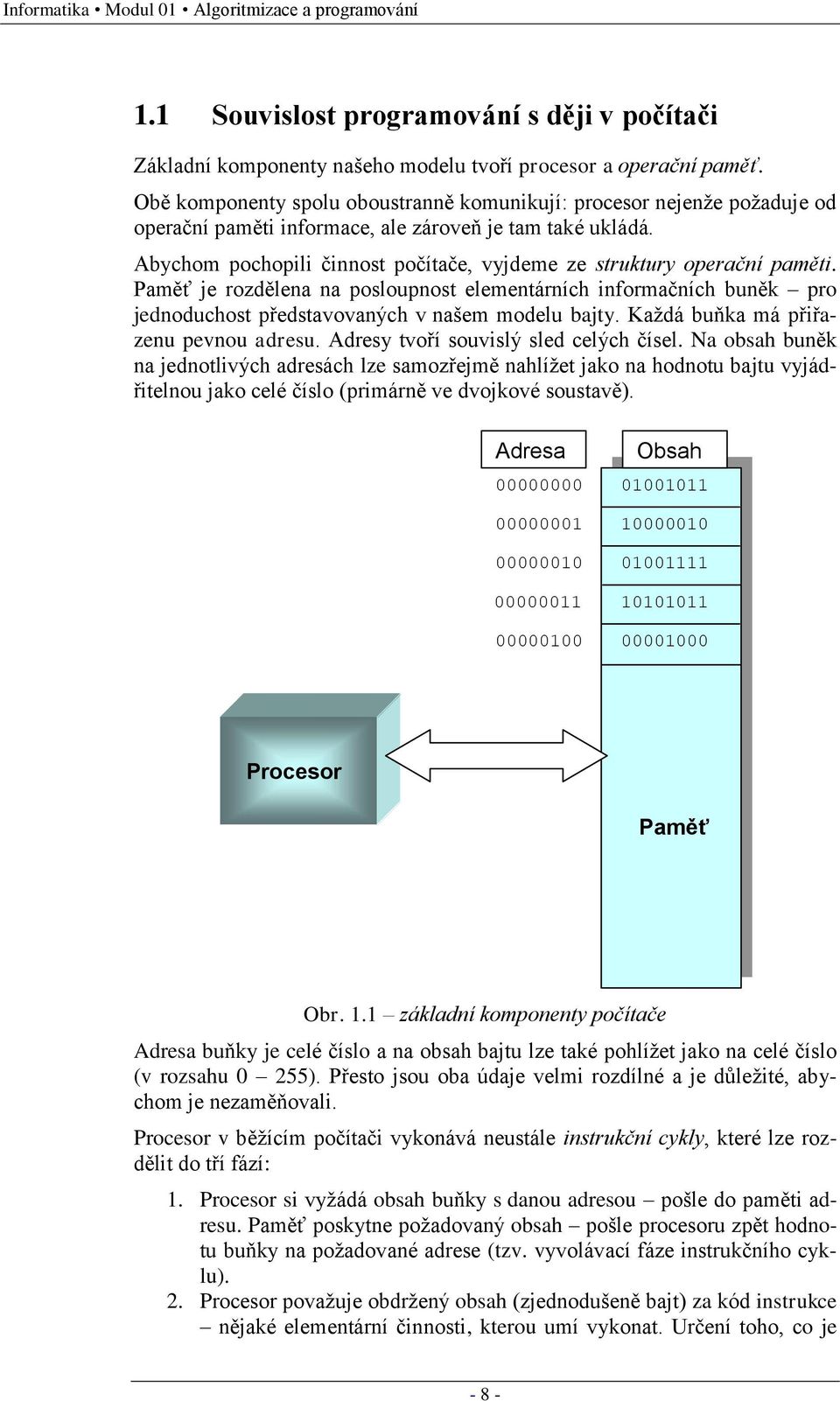 Abychom pochopili činnost počítače, vyjdeme ze struktury operační paměti. Paměť je rozdělena na posloupnost elementárních informačních buněk pro jednoduchost představovaných v našem modelu bajty.