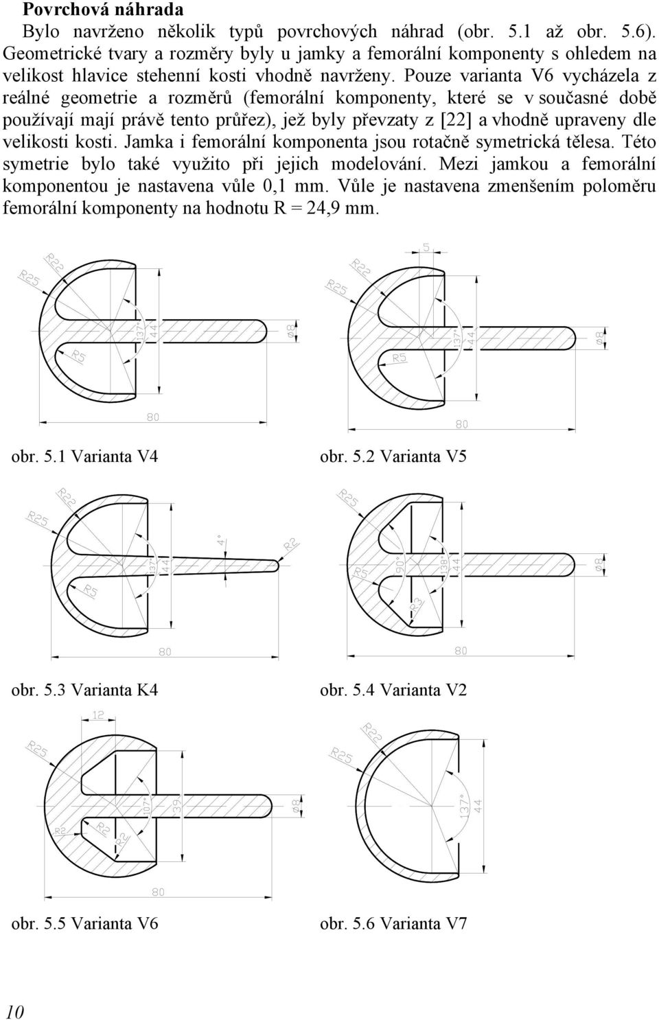 Pouze varianta V6 vycházela z reálné geometrie a rozměrů (femorální komponenty, které se v současné době používají mají právě tento průřez), jež byly převzaty z [22] a vhodně upraveny dle velikosti