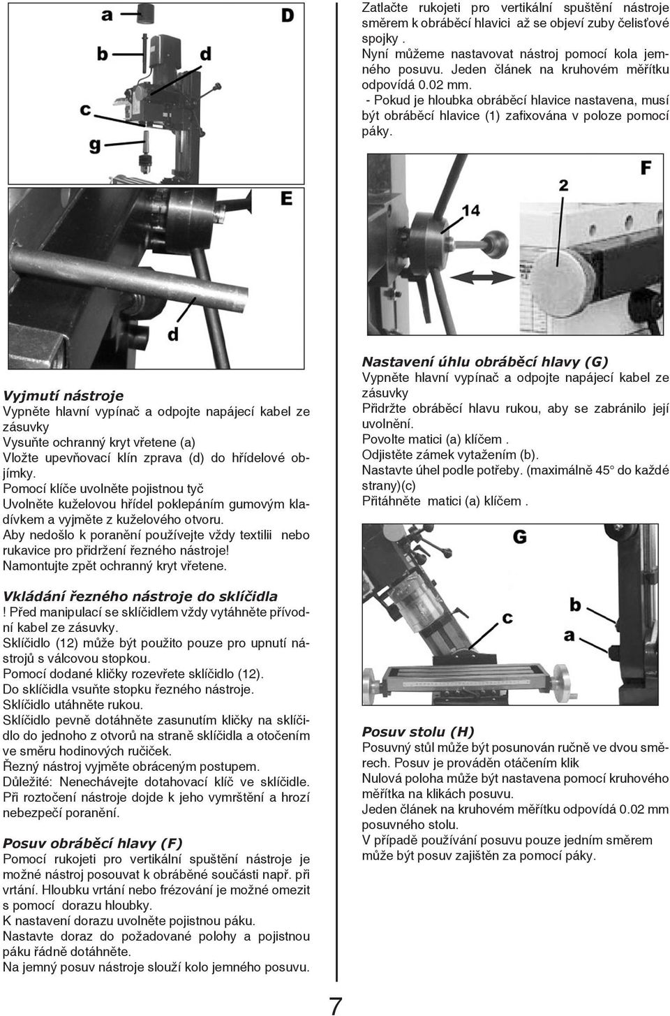 Vyjmutí nástroje Vypněte hlavní vypínač a odpojte napájecí kabel ze zásuvky Vysuňte ochranný kryt vřetene (a) Vložte upevňovací klín zprava (d) do hřídelové objímky.