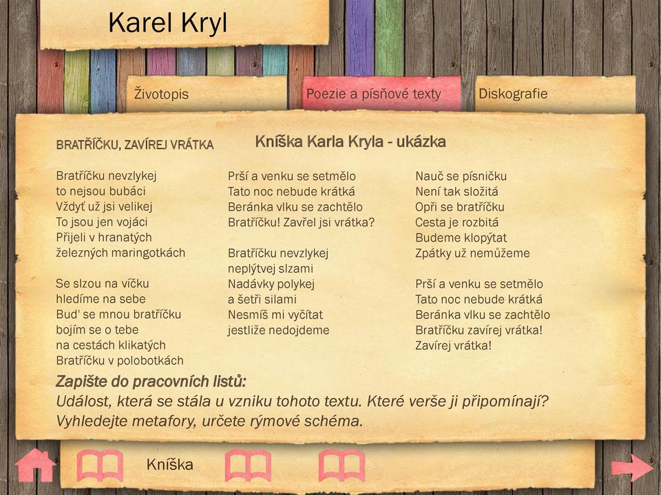 Bratříčku nevzlykej neplýtvej slzami Nadávky polykej a šetři silami Nesmíš mi vyčítat jestliže nedojdeme Nauč se písničku Není tak složitá Opři se bratříčku Cesta je rozbitá Budeme klopýtat Zpátky už