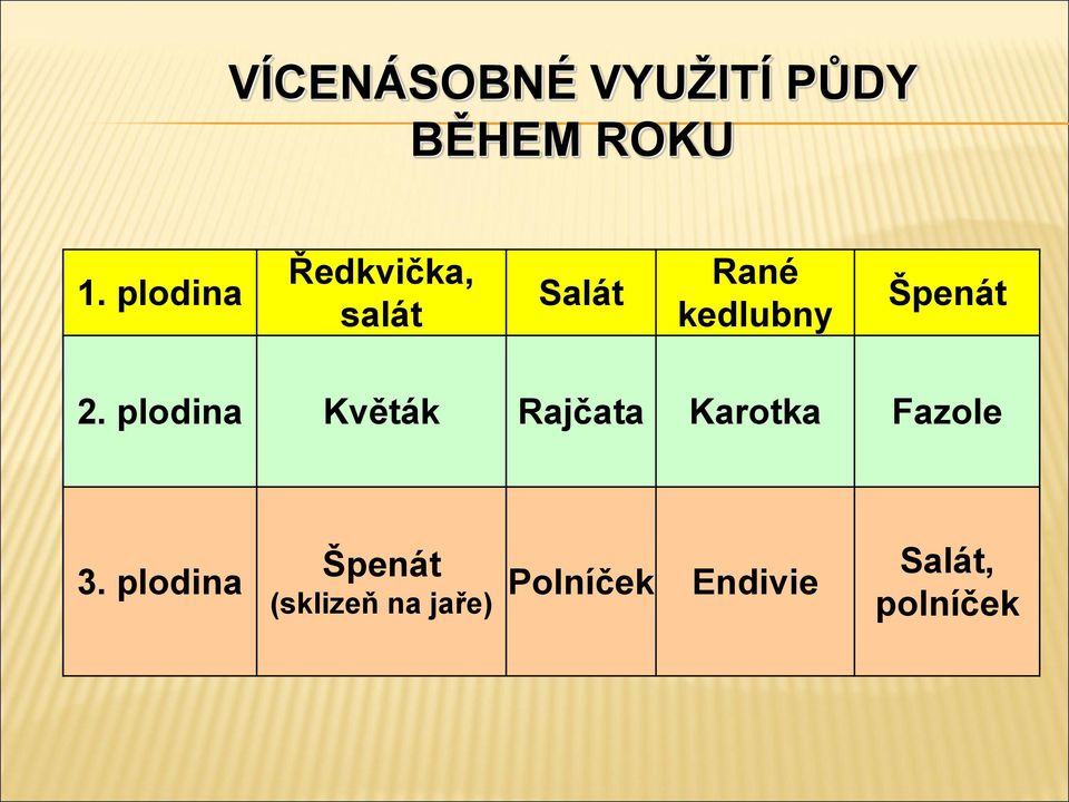 Špenát 2. plodina Květák Rajčata Karotka Fazole 3.