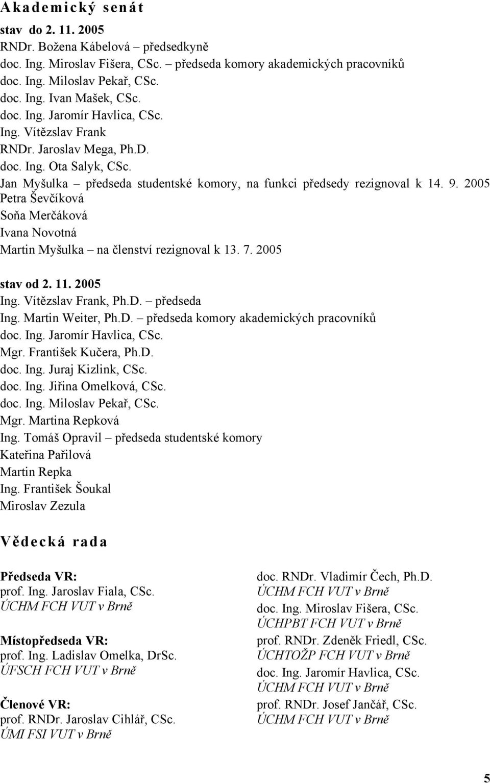 2005 Petra Ševčíková Soňa Merčáková Ivana Novotná Martin Myšulka na členství rezignoval k 13. 7. 2005 stav od 2. 11. 2005 Ing. Vítězslav Frank, Ph.D. předseda Ing. Martin Weiter, Ph.D. předseda komory akademických pracovníků doc.