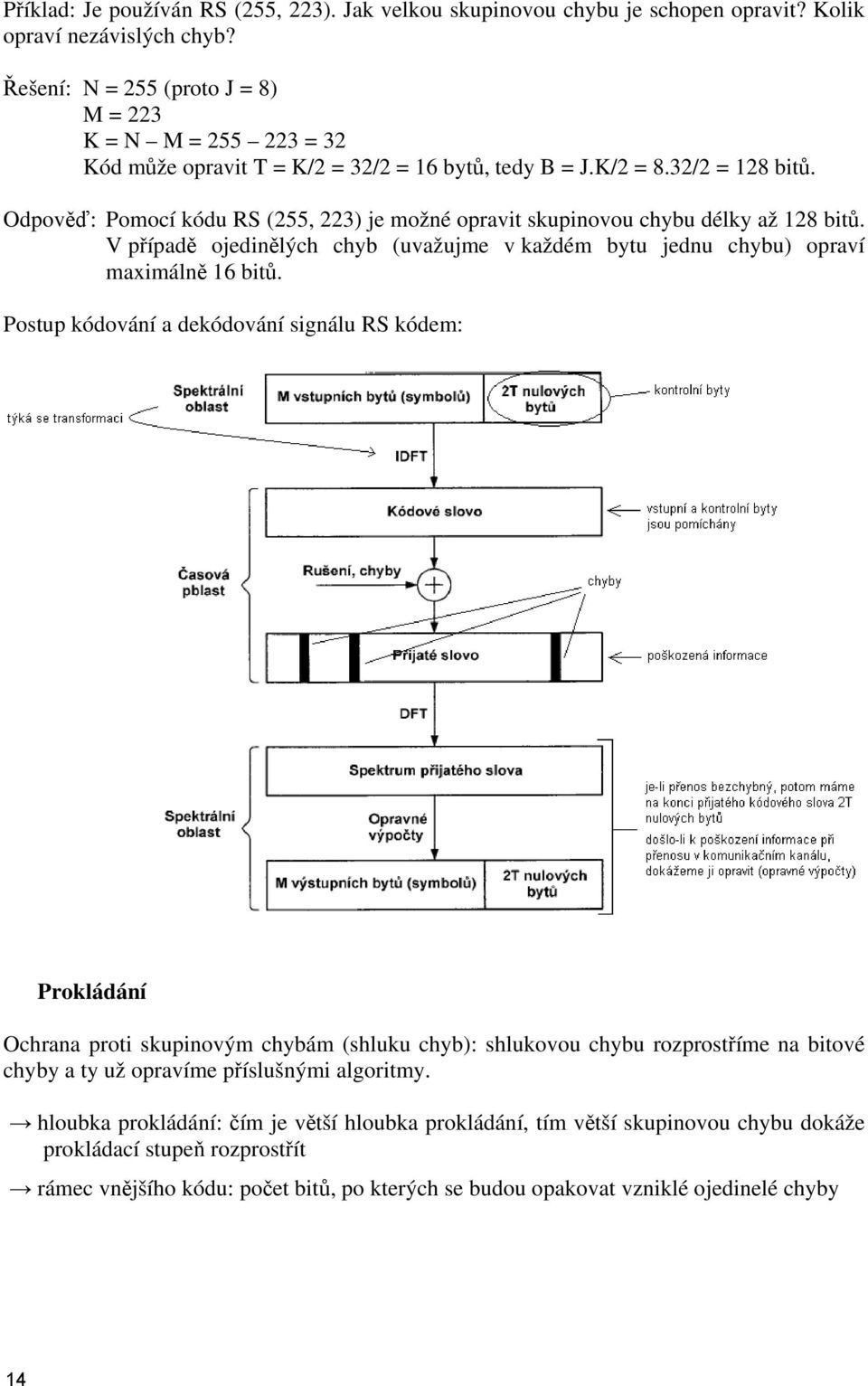 Odpověď: Pomocí kódu RS (255, 223) je možné opravit skupinovou chybu délky až 128 bitů. V případě ojedinělých chyb (uvažujme v každém bytu jednu chybu) opraví maximálně 16 bitů.