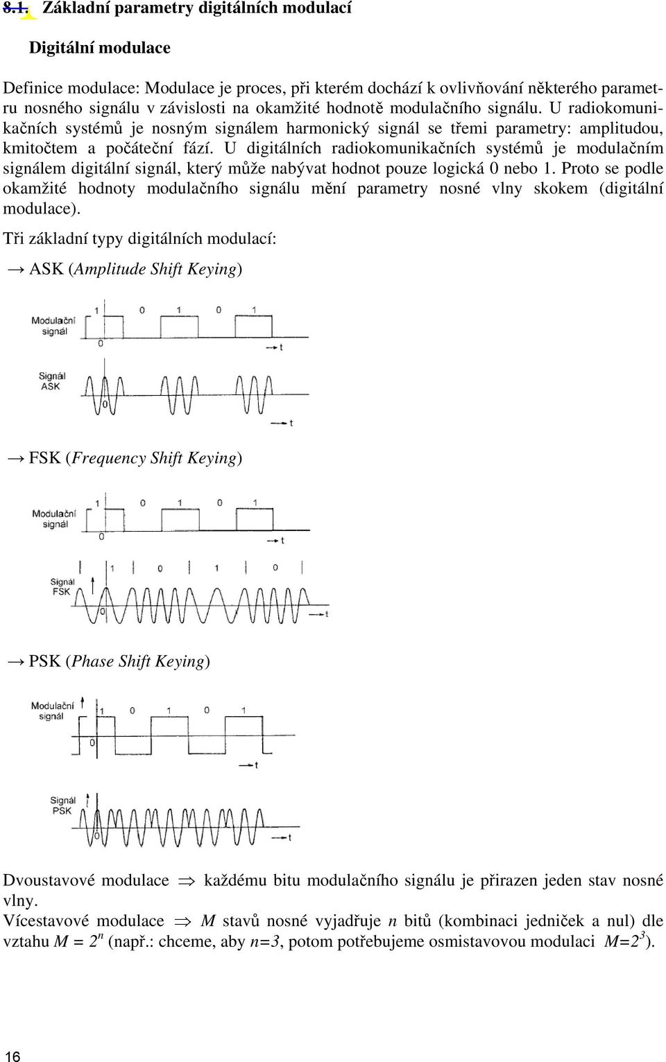 U digitálních radiokomunikačních systémů je modulačním signálem digitální signál, který může nabývat hodnot pouze logická 0 nebo 1.