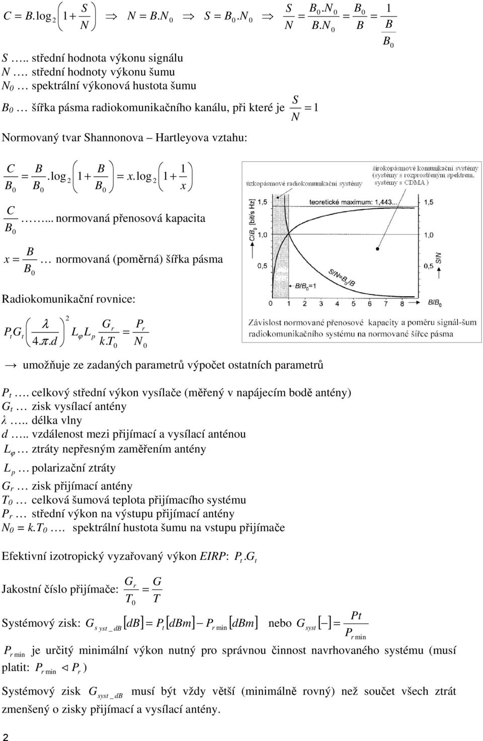 log 2 1 + B B B x 0 0 0 C... normovaná přenosová kapacita B 0 0 0 0 1 0 = B B = B B 0 x = B B 0 normovaná (poměrná) šířka pásma Radiokomunikační rovnice: 2 λ Gr Pr PG t t Lϕ L p = 4. π. d k.