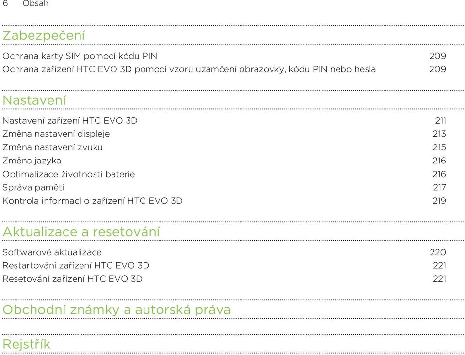 Optimalizace životnosti baterie 216 Správa paměti 217 Kontrola informací o zařízení HTC EVO 3D 219 Aktualizace a resetování