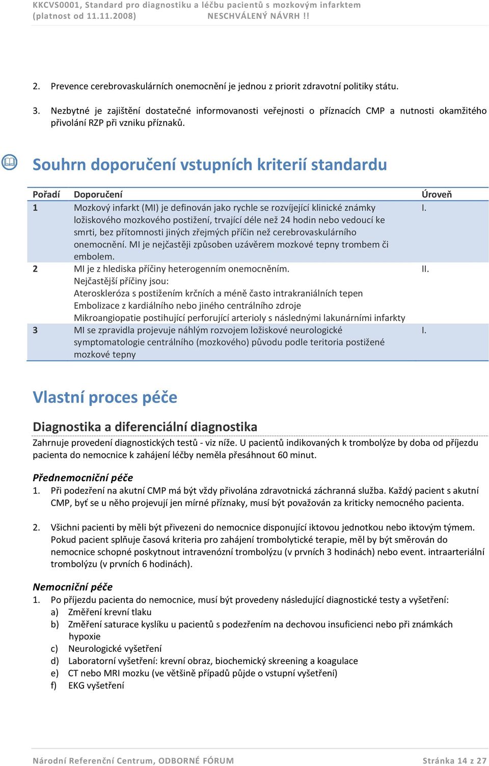 Souhrn doporučení vstupních kriterií standardu Pořadí Doporučení 1 Mozkový infarkt (MI) je definován jako rychle se rozvíjející klinické známky ložiskového mozkového postižení, trvající déle než 24