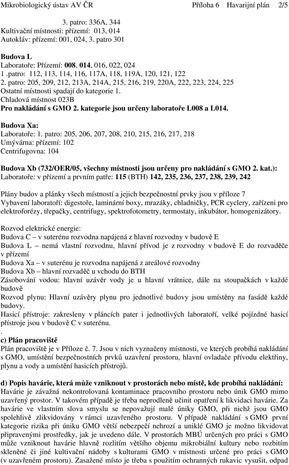 patro: 205, 209, 212, 213A, 214A, 215, 216, 219, 220A, 222, 223, 224, 225 Ostatní místnosti spadají do kategorie 1. Chladová místnost 023B Pro nakládání s GMO 2.