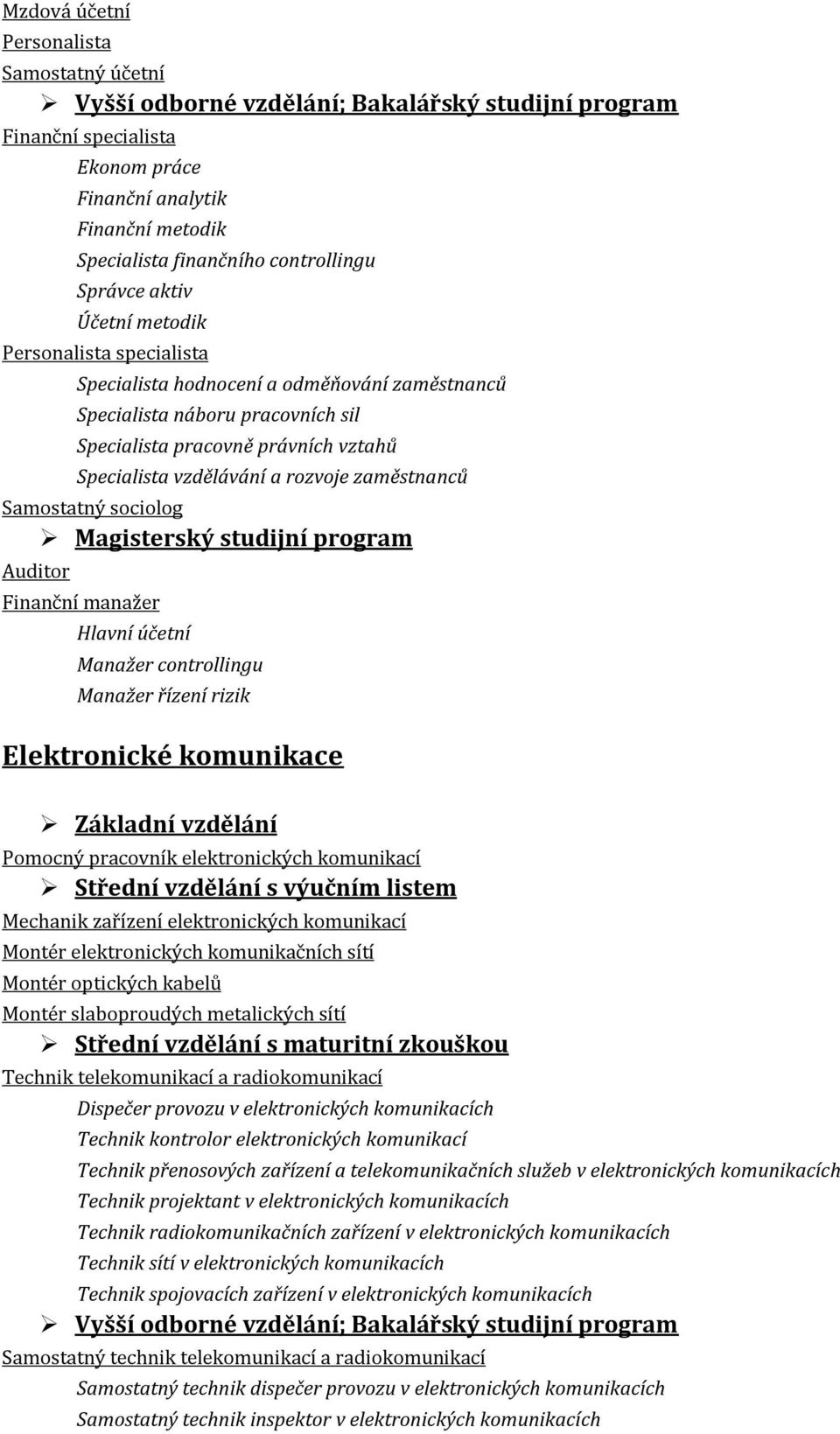 Auditor Finanční manažer Hlavní účetní Manažer controllingu Manažer řízení rizik Elektronické komunikace Základní vzdělání Pomocný pracovník elektronických komunikací Střední vzdělání s výučním