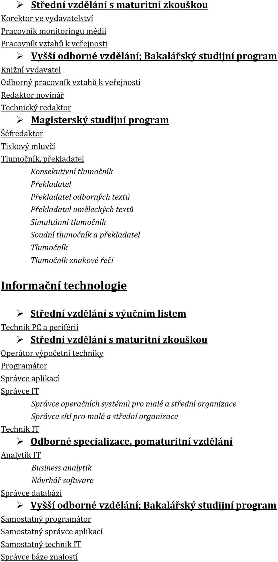 znakové řeči Informační technologie Střední vzdělání s výučním listem Technik PC a periférií Operátor výpočetní techniky Programátor Správce aplikací Správce IT Správce operačních systémů pro malé a