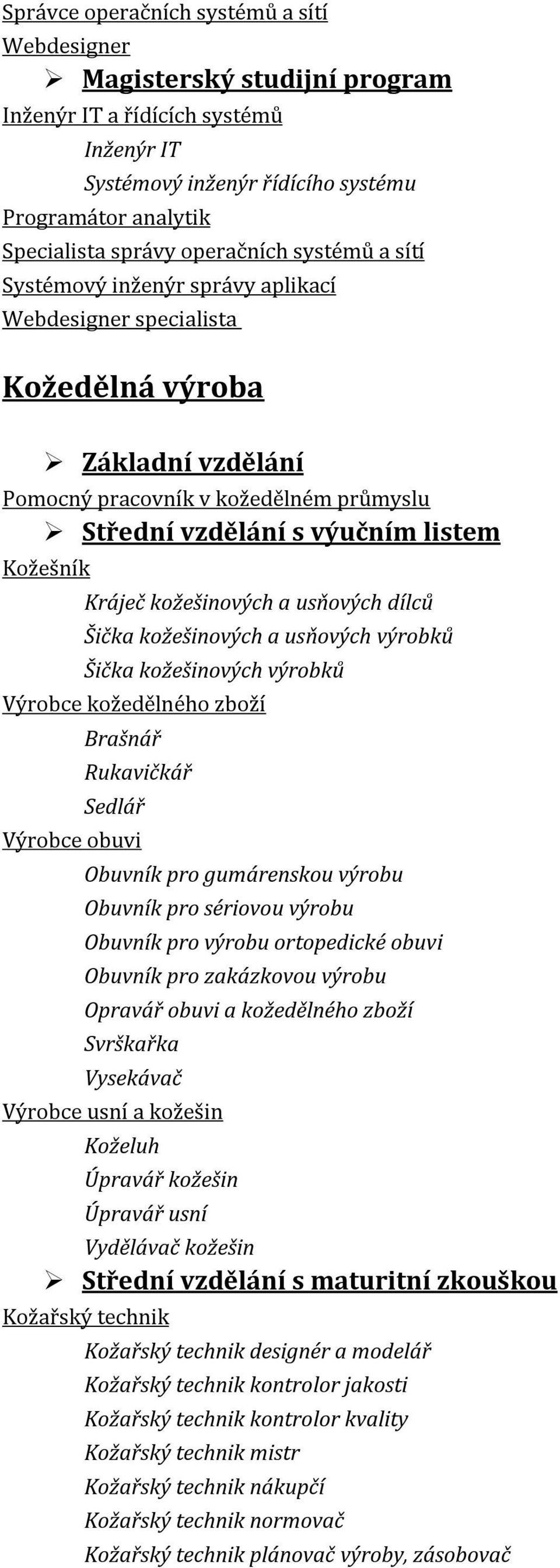 dílců Šička kožešinových a usňových výrobků Šička kožešinových výrobků Výrobce kožedělného zboží Brašnář Rukavičkář Sedlář Výrobce obuvi Obuvník pro gumárenskou výrobu Obuvník pro sériovou výrobu