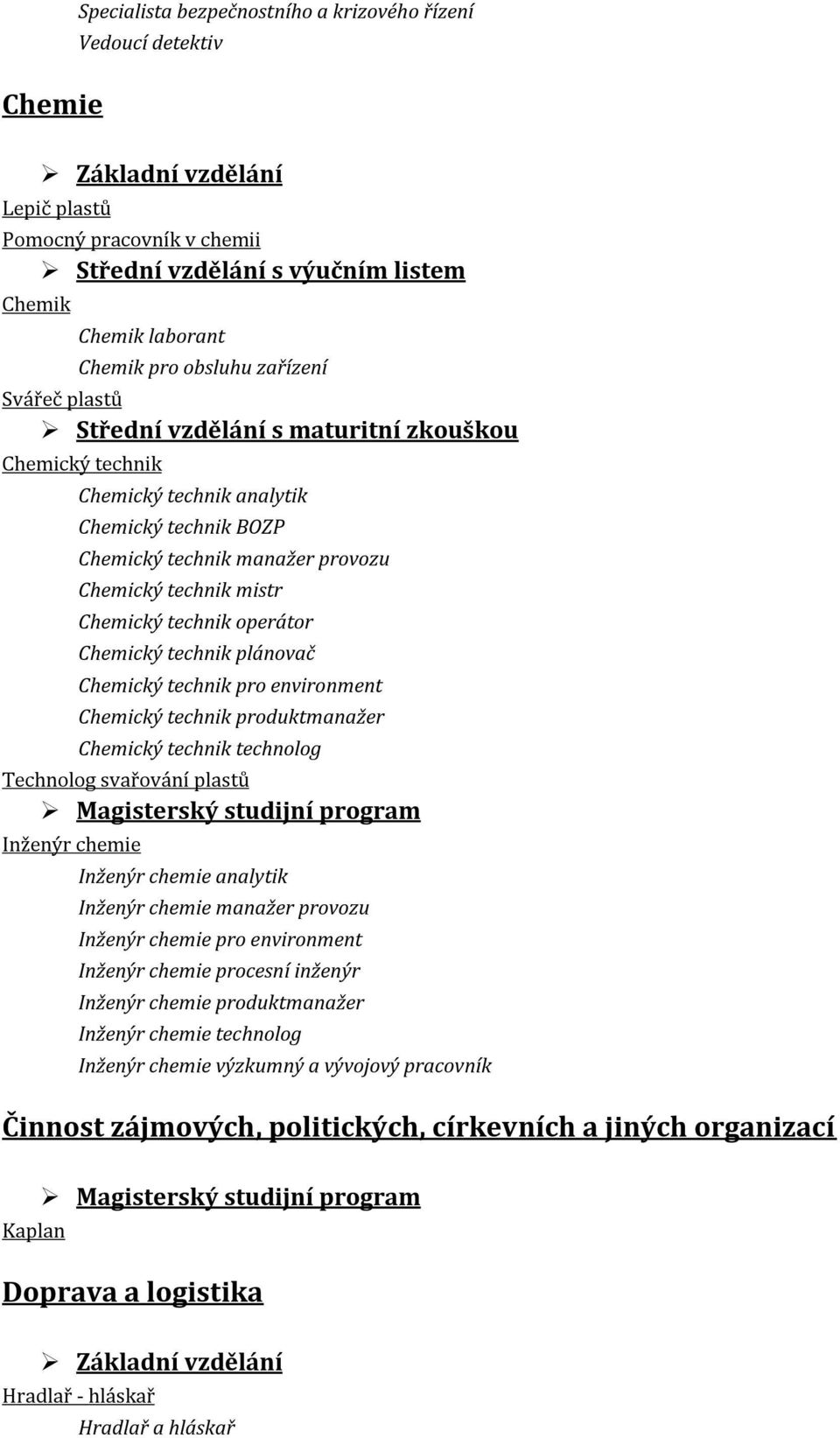 plánovač Chemický technik pro environment Chemický technik produktmanažer Chemický technik technolog Technolog svařování plastů Inženýr chemie Inženýr chemie analytik Inženýr chemie manažer provozu