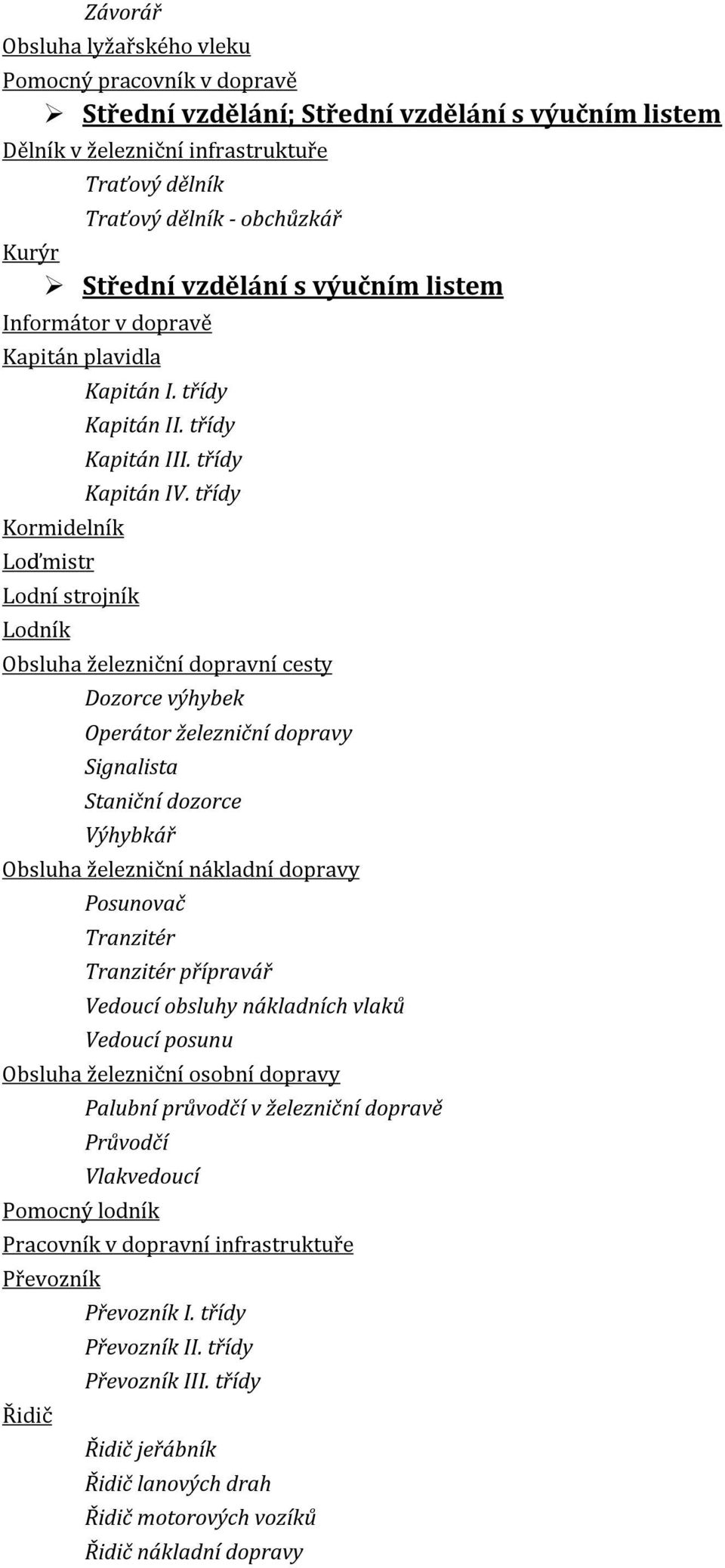 třídy Obsluha železniční dopravní cesty Dozorce výhybek Operátor železniční dopravy Signalista Staniční dozorce Výhybkář Obsluha železniční nákladní dopravy Posunovač Tranzitér Tranzitér přípravář