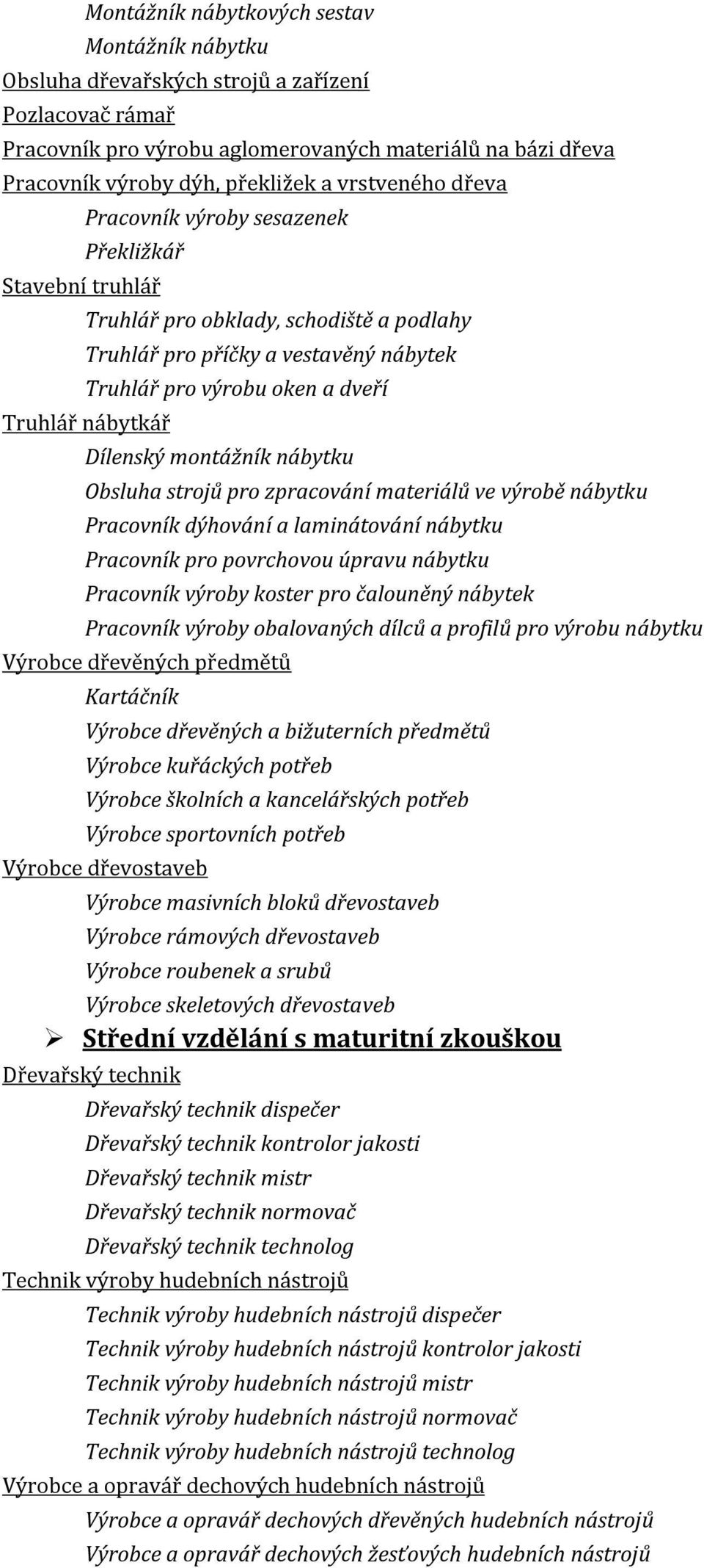 nábytkář Dílenský montážník nábytku Obsluha strojů pro zpracování materiálů ve výrobě nábytku Pracovník dýhování a laminátování nábytku Pracovník pro povrchovou úpravu nábytku Pracovník výroby koster