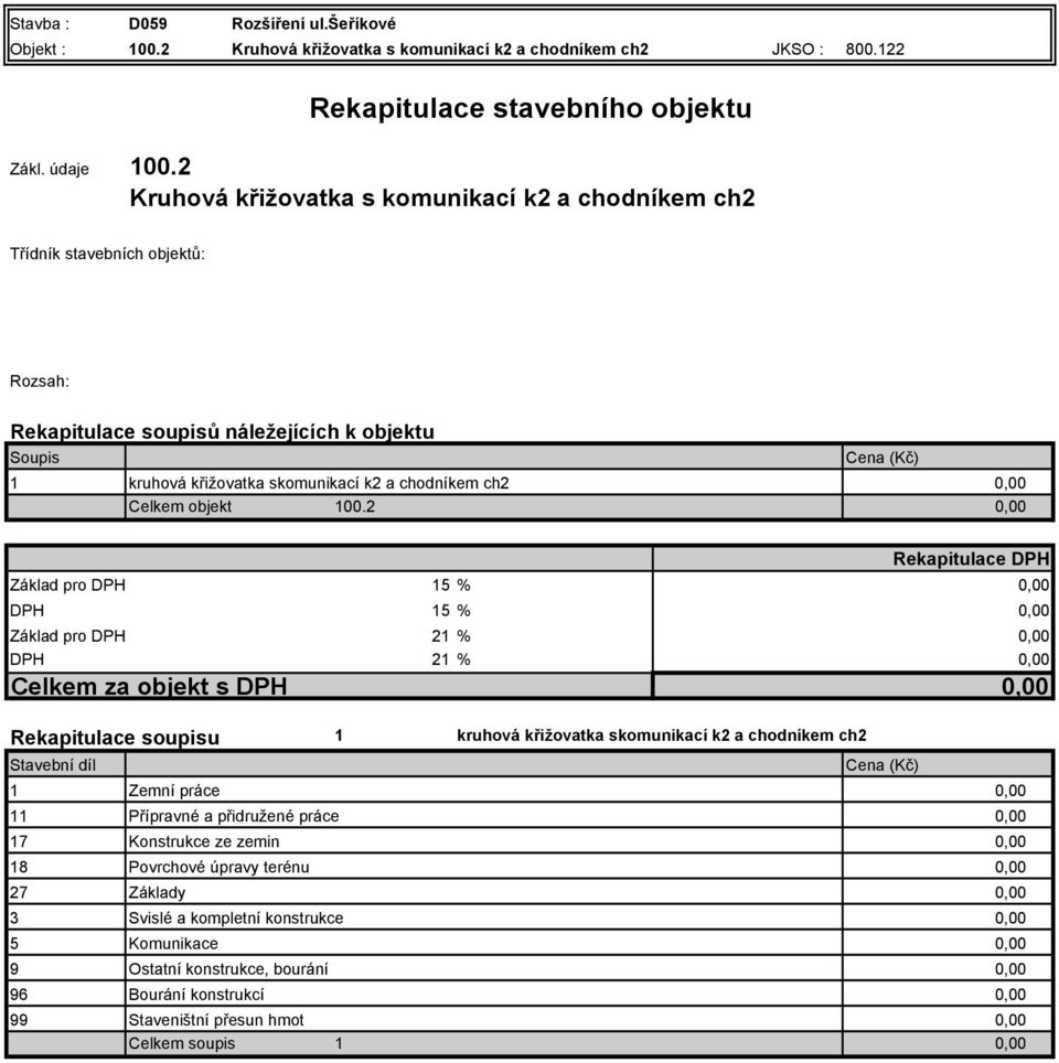 křižovatka skomunikací k2 a chodníkem ch2 Celkem objekt 100.