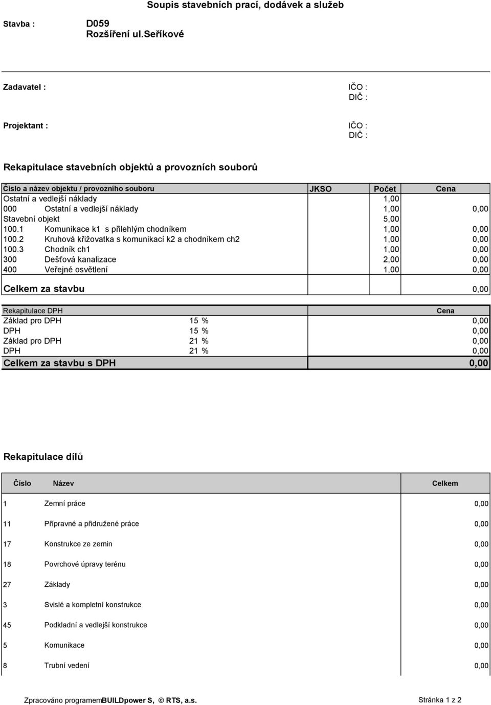 1,00 000 Ostatní a vedlejší náklady 1,00 Stavební objekt 5,00 100.1 Komunikace k1 s přilehlým chodníkem 1,00 100.2 Kruhová křižovatka s komunikací k2 a chodníkem ch2 1,00 100.