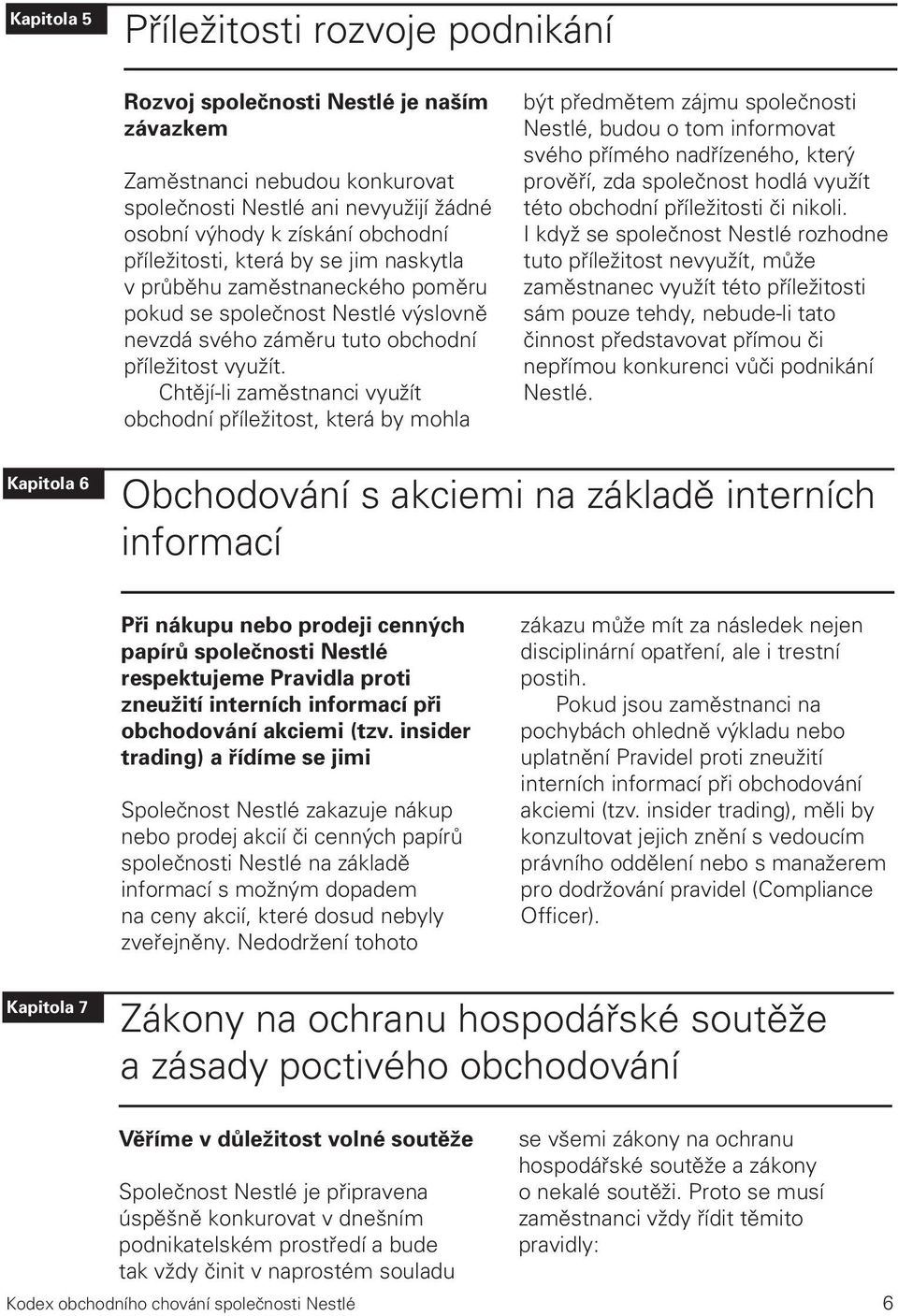 Chtějí-li zaměstnanci využít obchodní příležitost, která by mohla být předmětem zájmu společnosti Nestlé, budou o tom informovat svého přímého nadřízeného, který prověří, zda společnost hodlá využít