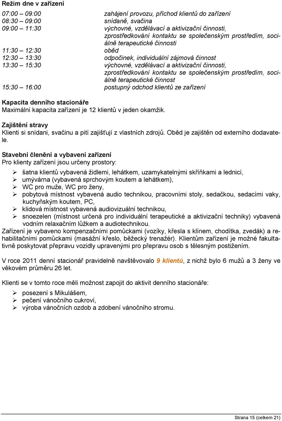 kontaktu se společenským prostředím, sociálně terapeutické činnost 15:30 16:00 postupný odchod klientů ze zařízení Kapacita denního stacionáře Maximální kapacita zařízení je 12 klientů v jeden