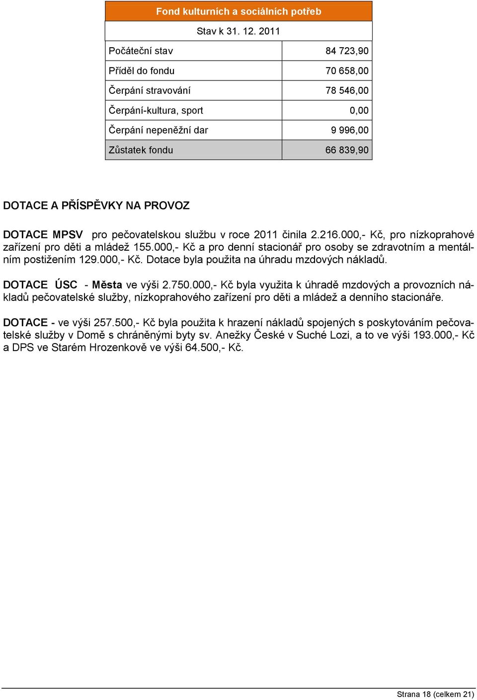 DOTACE MPSV pro pečovatelskou službu v roce 2011 činila 2.216.000,- Kč, pro nízkoprahové zařízení pro děti a mládež 155.