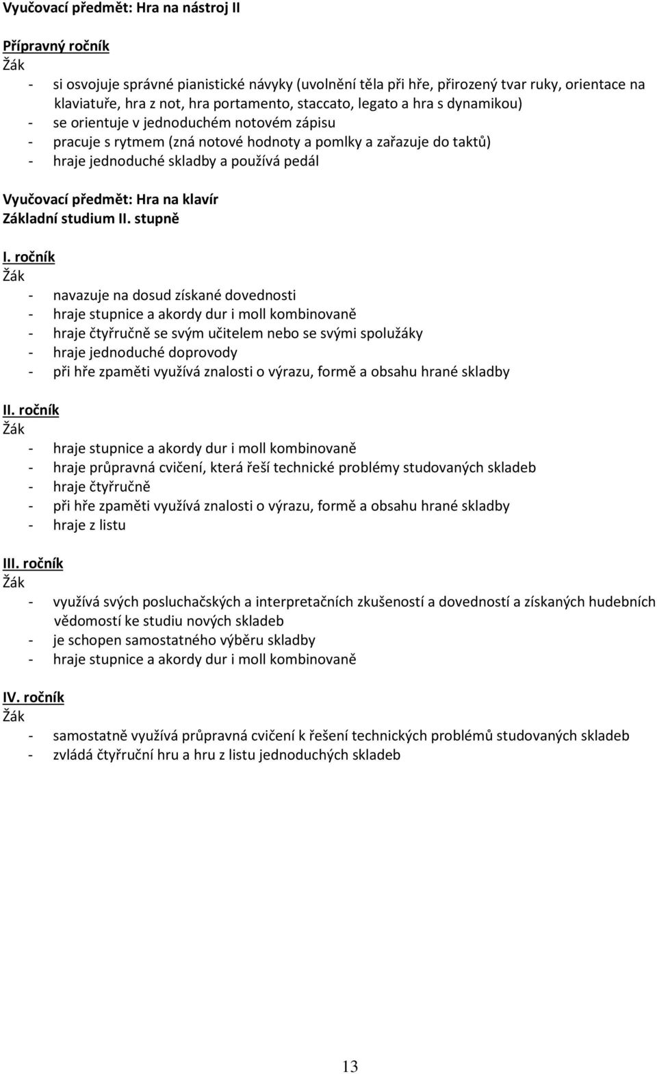Vyučovací předmět: Hra na klavír I.