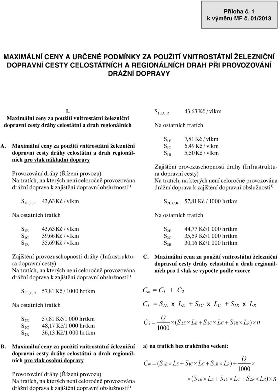 Maximální ceny za použití vnitrostátní železniční dopravní cesty dráhy celostátní a drah regionálních pro vlak nákladní dopravy Provozování dráhy (Řízení provozu) Na tratích, na kterých není