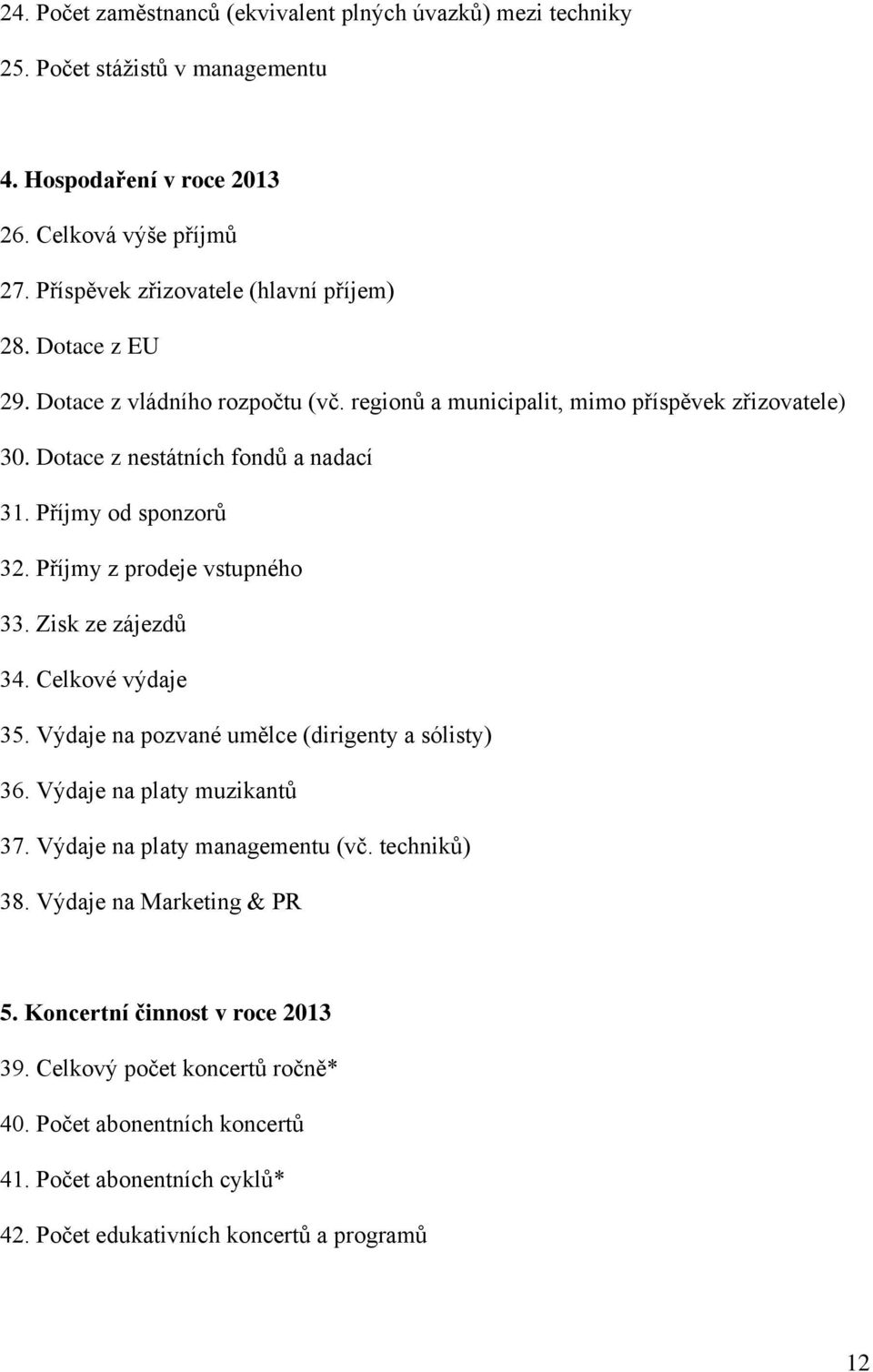 Příjmy od sponzorů 32. Příjmy z prodeje vstupného 33. Zisk ze zájezdů 34. Celkové výdaje 35. Výdaje na pozvané umělce (dirigenty a sólisty) 36. Výdaje na platy muzikantů 37.