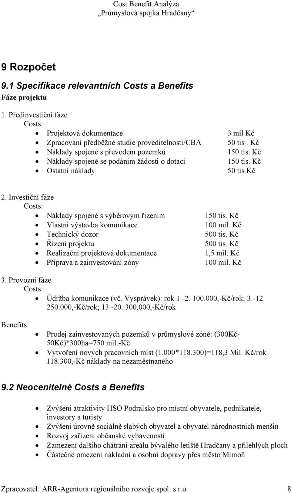 Investiční fáze Costs: Náklady spojené s výběrovým řízením 150 tis. Kč Vlastní výstavba komunikace 100 mil. Kč Technický dozor 500 tis. Kč Řízení projektu 500 tis.