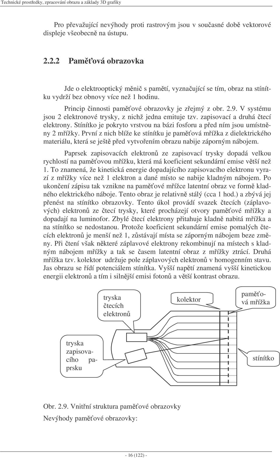 V systému jsou 2 elektronové trysky, z nichž jedna emituje tzv. zapisovací a druhá tecí elektrony. Stínítko je pokryto vrstvou na bázi fosforu a ped ním jsou umístnny 2 mížky.