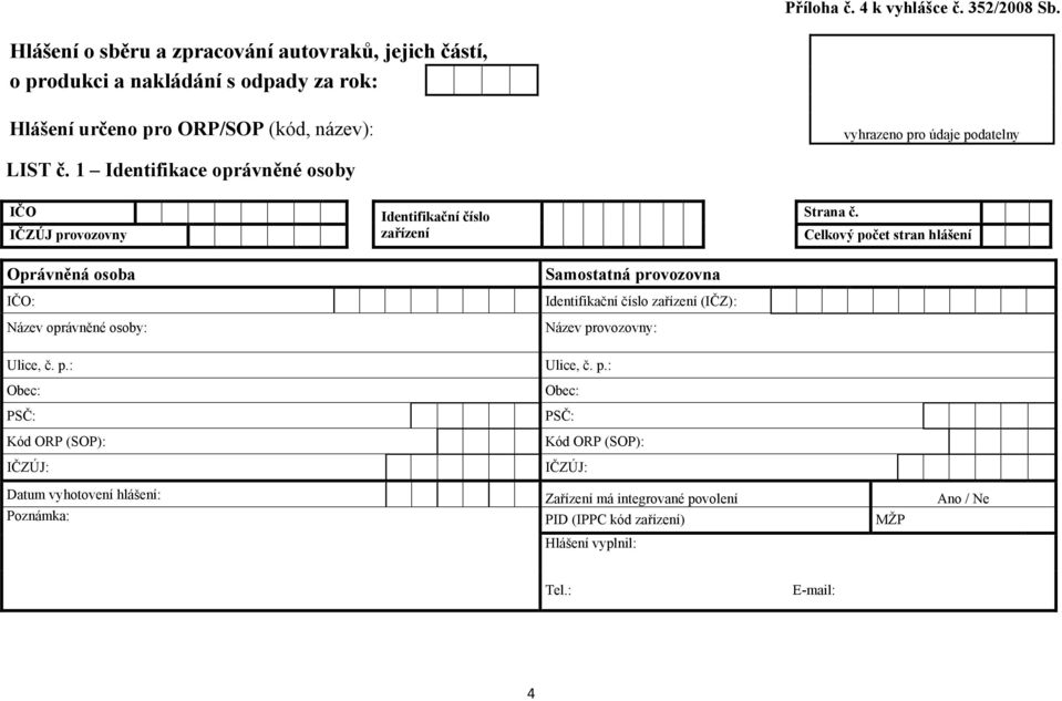 č. 1 Identifikace oprávněné osoby IČO IČZÚJ provozovny Identifikační číslo zařízení Strana č.