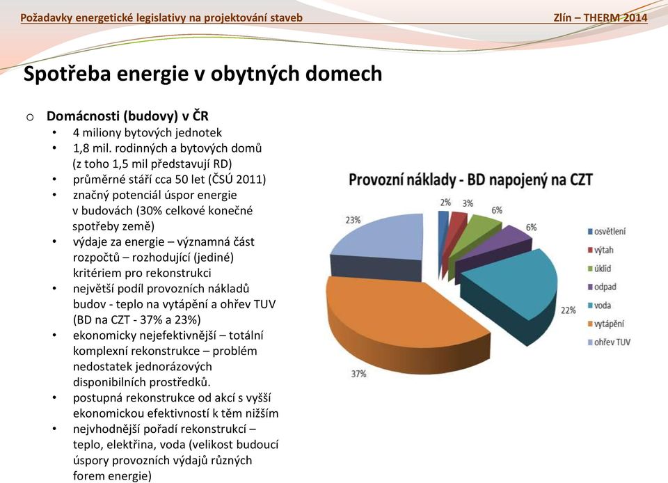 energie významná část rzpčtů rzhdující (jediné) kritériem pr reknstrukci největší pdíl prvzních nákladů budv - tepl na vytápění a hřev TUV (BD na CZT - 37% a 23%) eknmicky