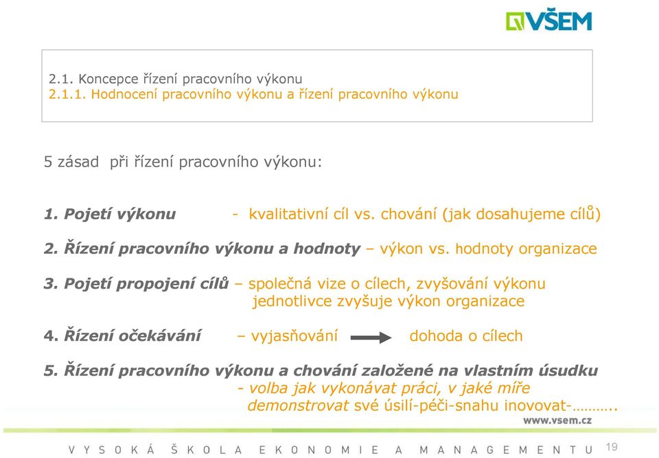 Pojetí propojení cílů společná vize o cílech, zvyšování výkonu jednotlivce zvyšuje výkon organizace 4.