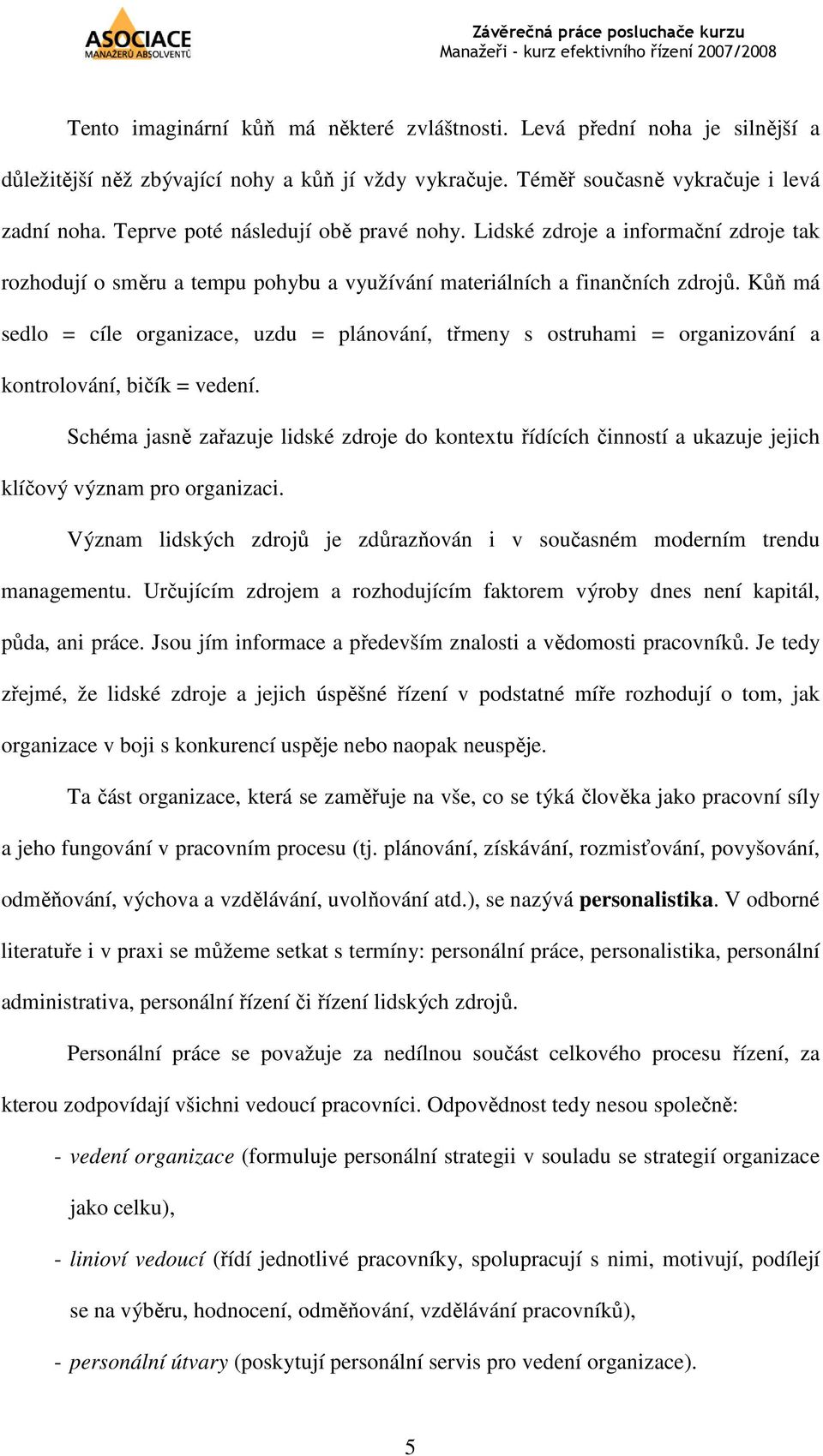 Kůň má sedlo = cíle organizace, uzdu = plánování, třmeny s ostruhami = organizování a kontrolování, bičík = vedení.