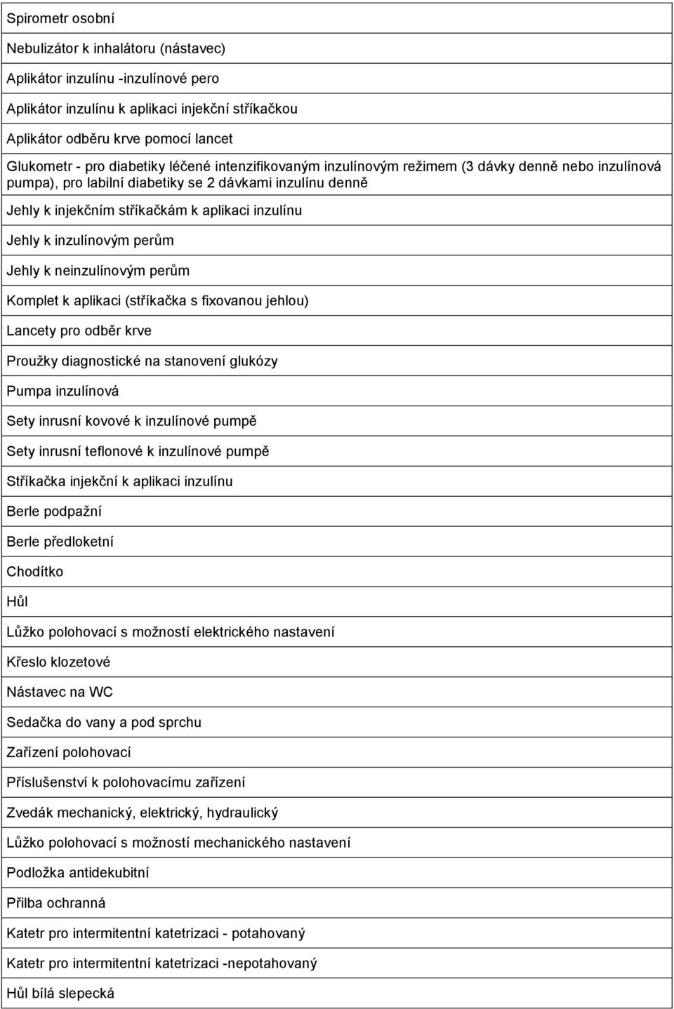 inzulínovým perům Jehly k neinzulínovým perům Komplet k aplikaci (stříkačka s fixovanou jehlou) Lancety pro odběr krve Proužky diagnostické na stanovení glukózy Pumpa inzulínová Sety inrusní kovové k