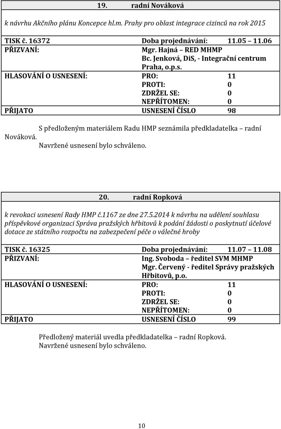 radní Ropková k revokaci usnesení Rady HMP č.1167 ze dne 27.5.