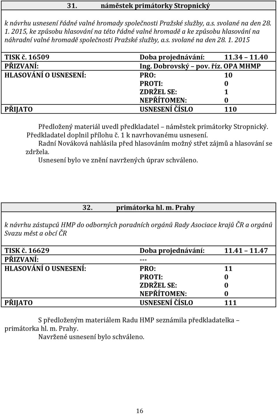 34 11.40 Ing. Dobrovský pov. říz. OPA MHMP HLASOVÁNÍ O USNESENÍ: PRO: 10 ZDRŽEL SE: 1 PŘIJATO USNESENÍ ČÍSLO 110 Předložený materiál uvedl předkladatel náměstek primátorky Stropnický.