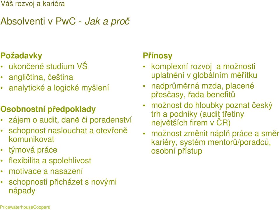 přicházet s novými nápady Přínosy komplexní rozvoj a možnosti uplatnění v globálním měřítku nadprůměrná mzda, placené přesčasy, řada benefitů možnost do