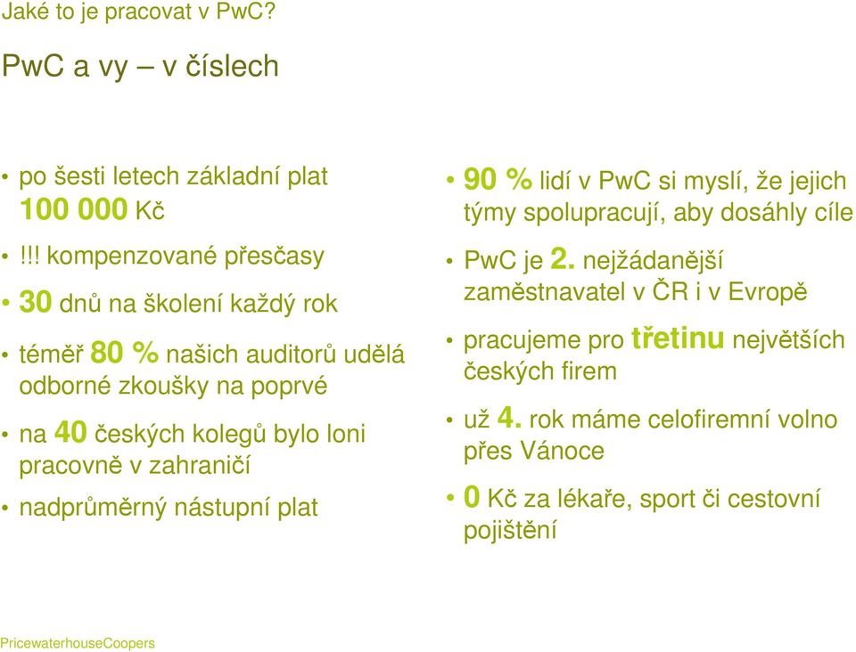 bylo loni pracovně v zahraničí nadprůměrný nástupní plat 90 % lidí v PwC si myslí, že jejich týmy spolupracují, aby dosáhly cíle PwC