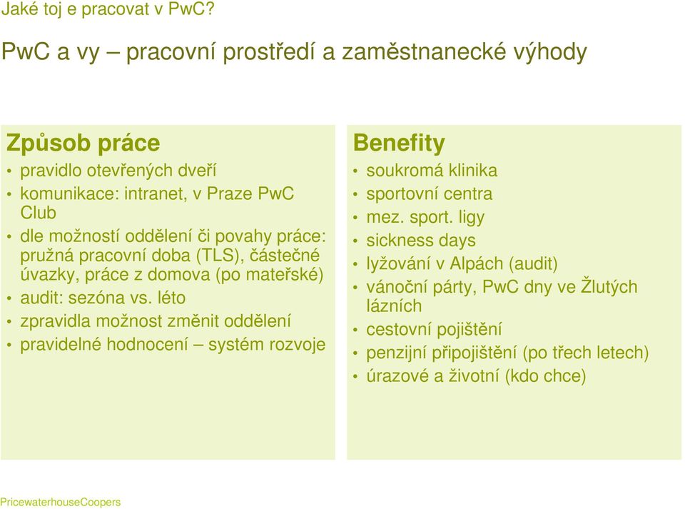 odděleníči povahy práce: pružná pracovní doba (TLS), částečné úvazky, práce z domova (po mateřské) audit: sezóna vs.