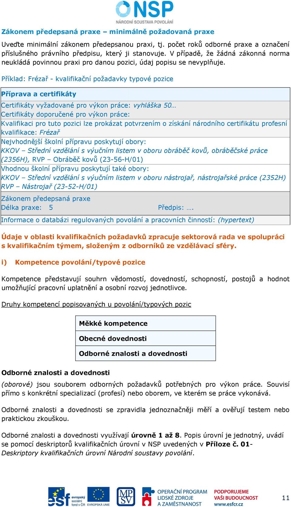 Příklad: Frézař - kvalifikační požadavky typové pozice Příprava a certifikáty Certifikáty vyžadované pro výkon práce: vyhláška 50 Certifikáty doporučené pro výkon práce: Kvalifikaci pro tuto pozici