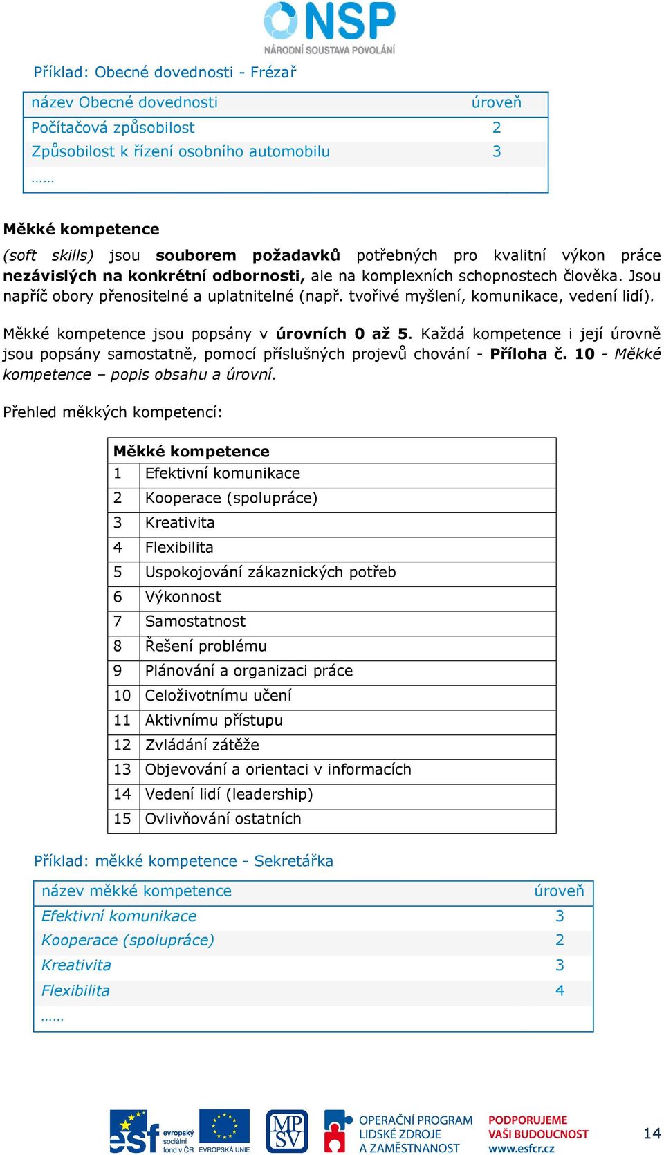 tvořivé myšlení, komunikace, vedení lidí). Měkké kompetence jsou popsány v úrovních 0 až 5. Každá kompetence i její úrovně jsou popsány samostatně, pomocí příslušných projevů chování - Příloha č.