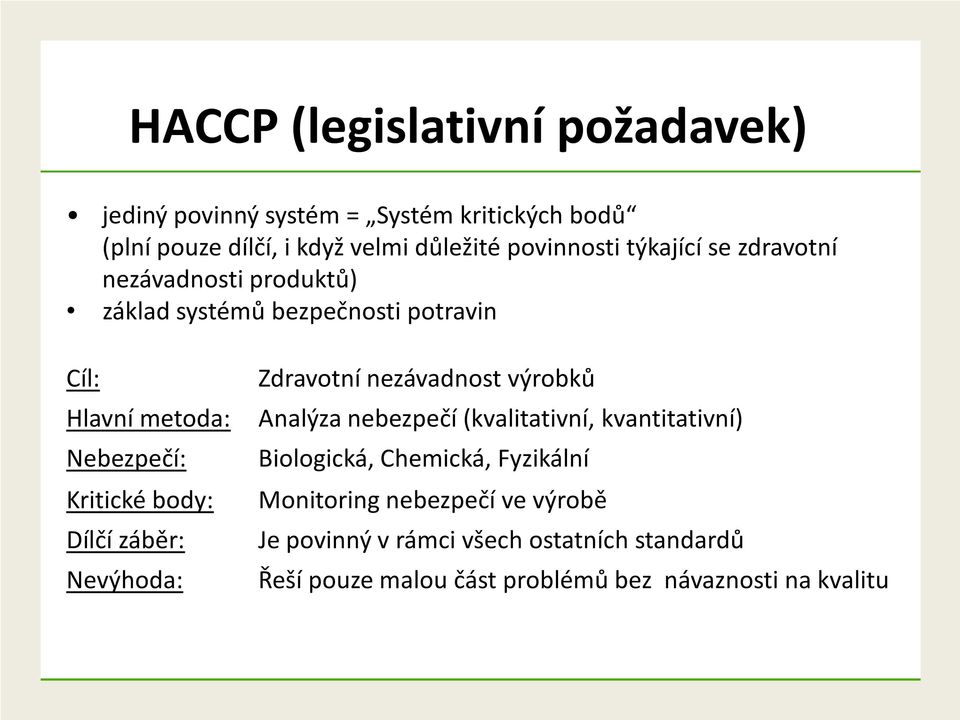 Dílčí záběr: Nevýhoda: Zdravotní nezávadnost výrobků Analýza nebezpečí (kvalitativní, kvantitativní) Biologická, Chemická,