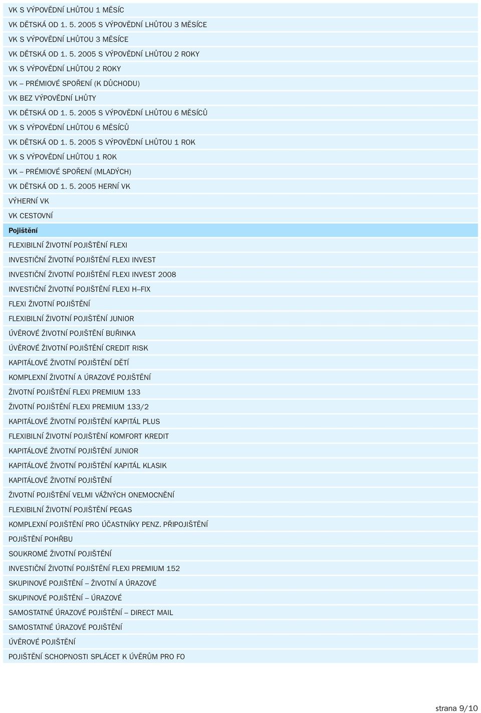 2005 S VÝPOVĚDNÍ LHŮTOU 1 ROK VK S VÝPOVĚDNÍ LHŮTOU 1 ROK VK PRÉMIOVÉ SPOŘENÍ (MLADÝCH) VK DĚTSKÁ OD 1. 5.