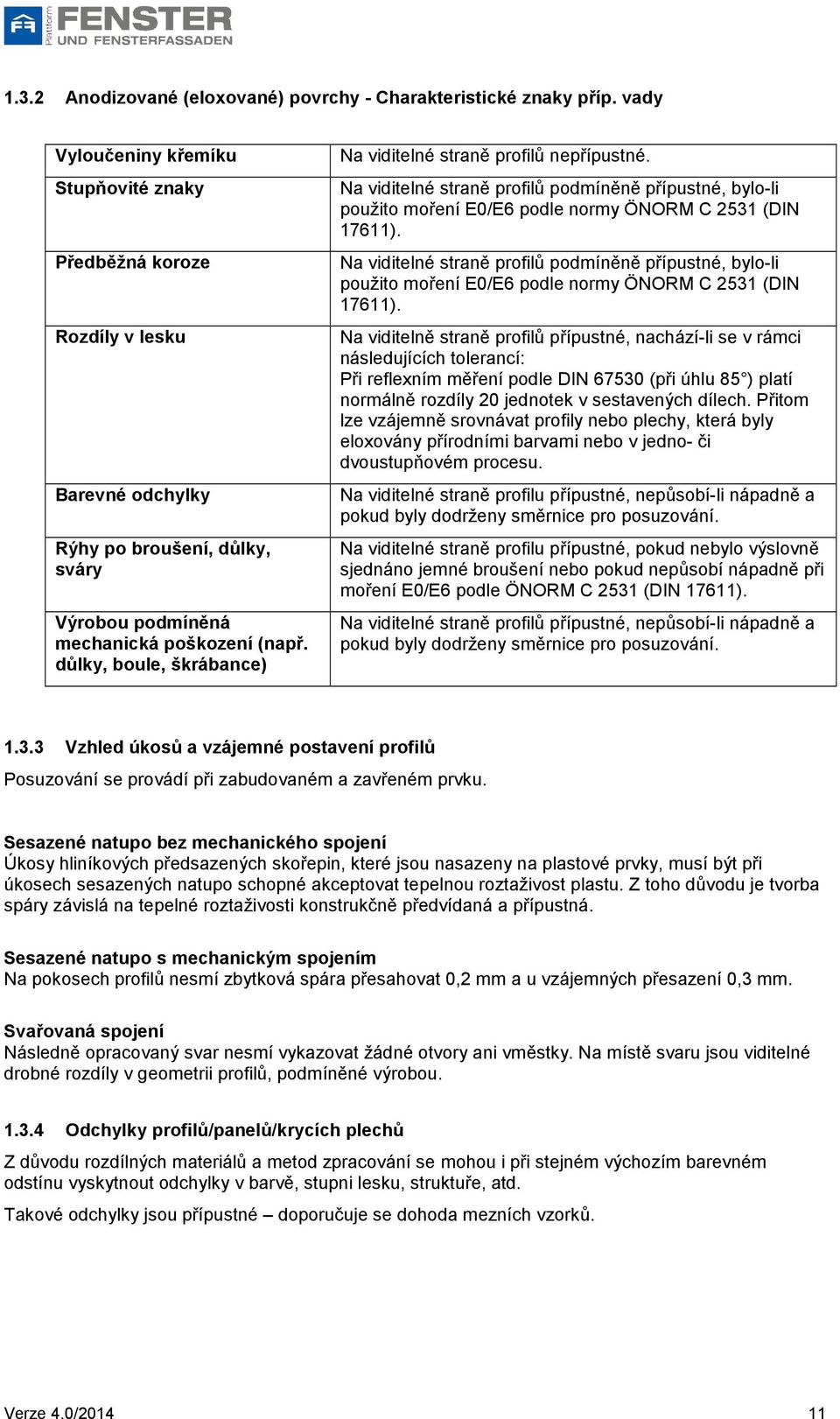 Předběžná koroze Na viditelné straně profilů podmíněně přípustné, bylo-li použito moření E0/E6 podle normy ÖNORM C 2531 (DIN 17611).