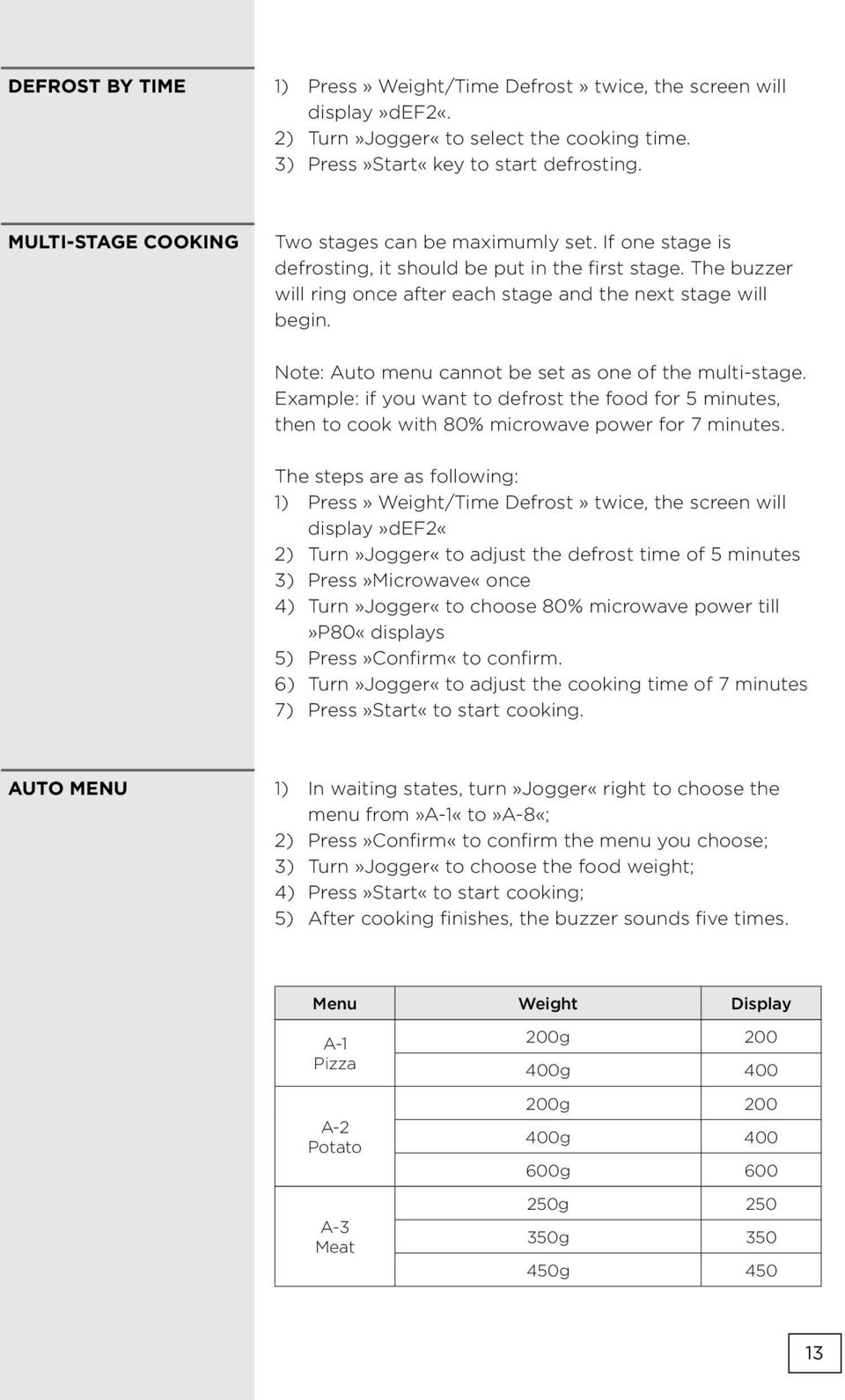 Note: Auto menu cannot be set as one of the multi-stage. Example: if you want to defrost the food for 5 minutes, then to cook with 80% microwave power for 7 minutes.