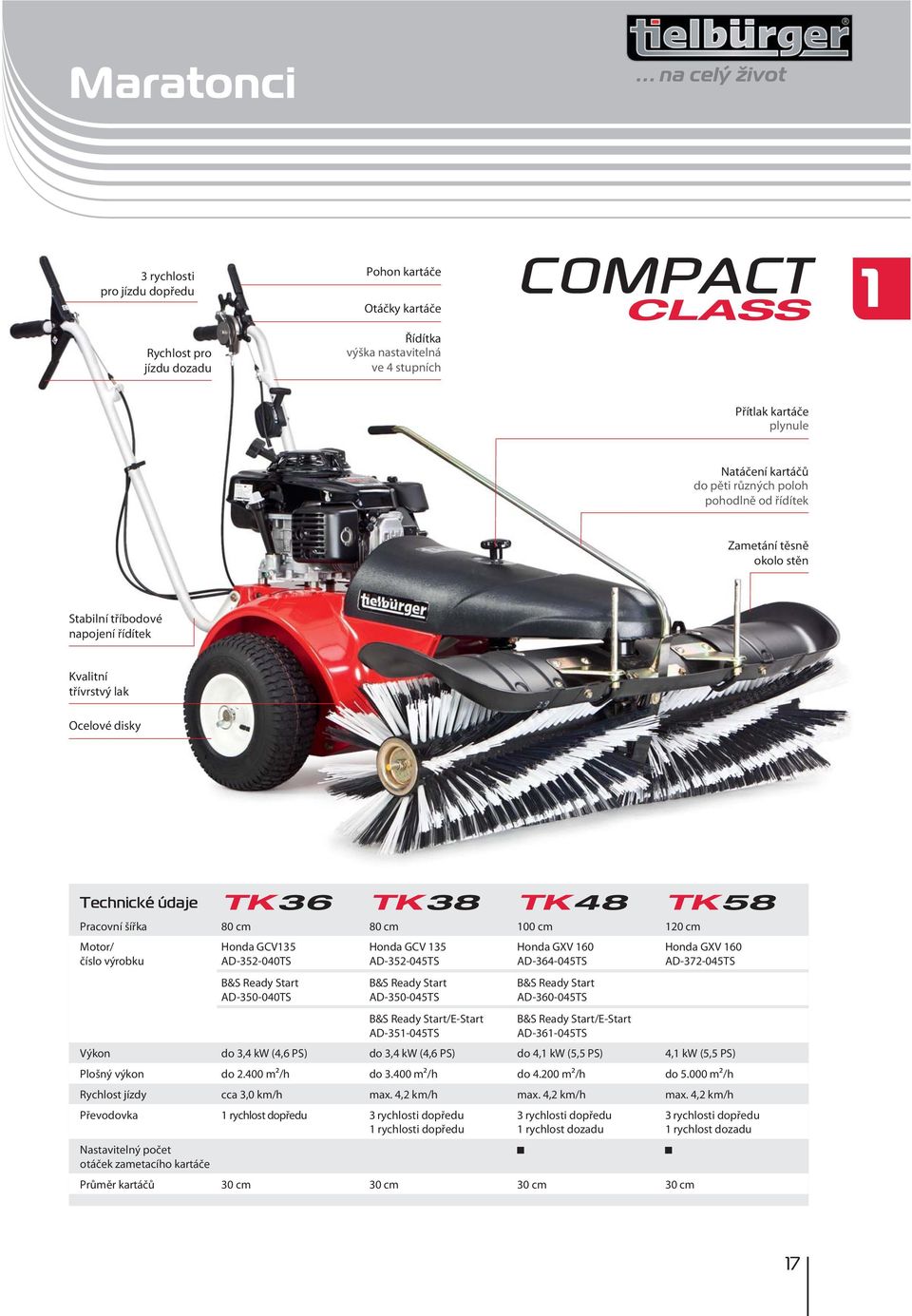 do pěti různých poloh pohodlně od řídítek Zametání těsně okolo stěn Stabilní tříbodové napojení řídítek Kvalitní třívrstvý lak Ocelové disky Technické údaje TK 36 TK 38 TK 48 TK 58 Pracovní šířka 80