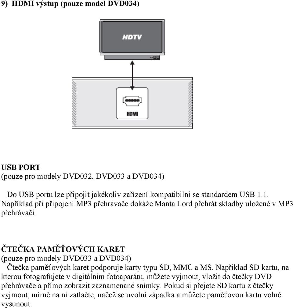 ČTEČKA PAMĚŤOVÝCH KARET (pouze pro modely DVD033 a DVD034) Čtečka paměťových karet podporuje karty typu SD, MMC a MS.