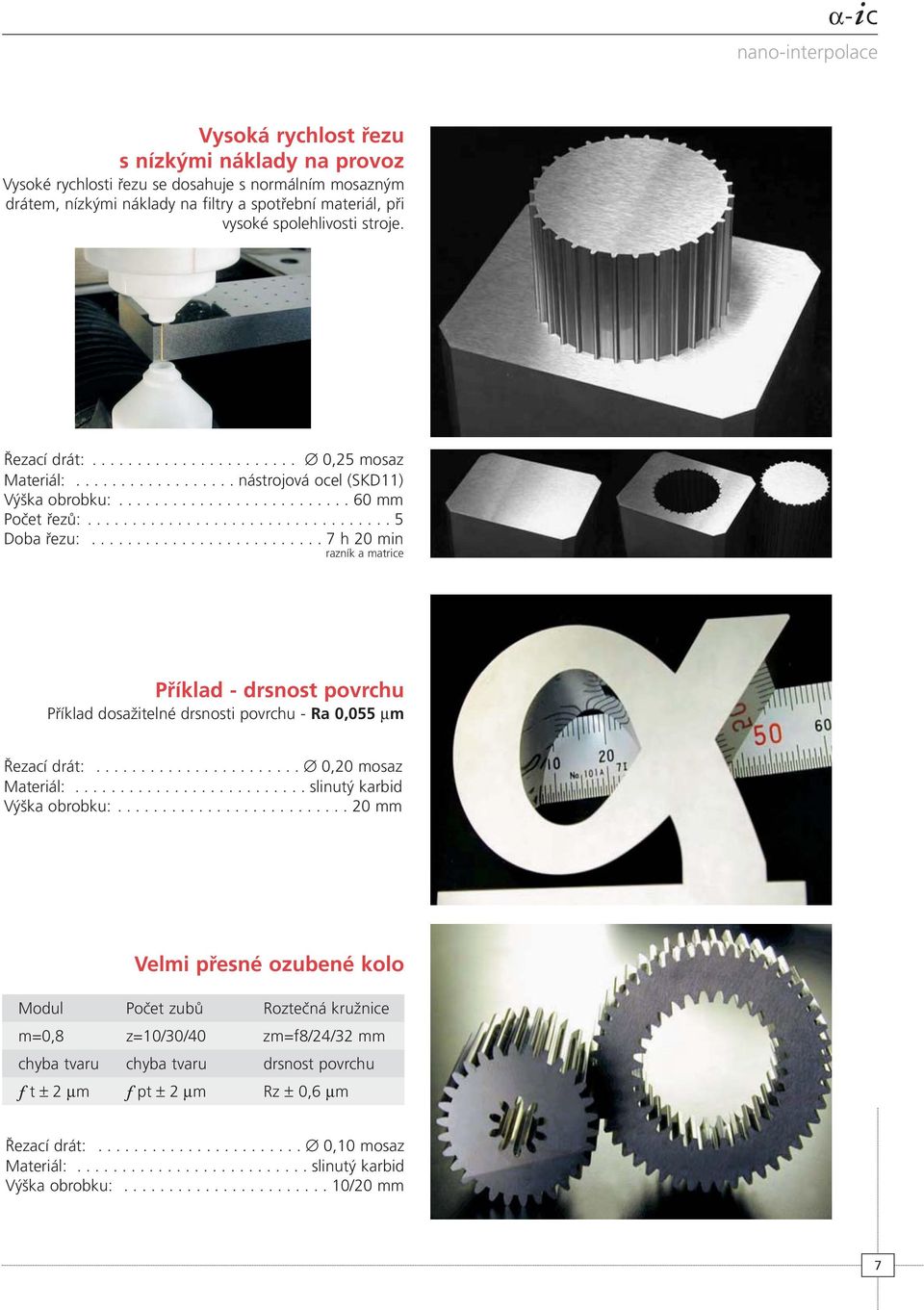 ......................... 7 h 20 min razník a matrice................................... Příklad - drsnost povrchu Příklad dosažitelné drsnosti povrchu - Ra 0,055 µm Řezací drát:.